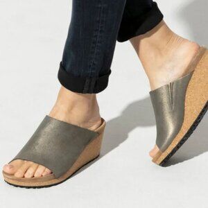 NWOB Birkenstock Papillio Namica Wedge Sandal Washed Metallic Stone Gold 10